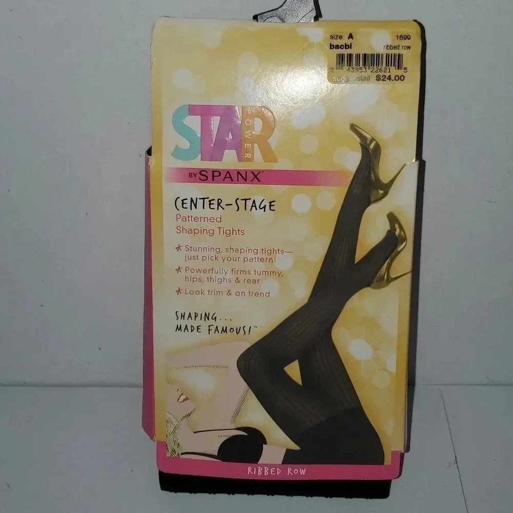 Star Power by Spanx Patterned Ribbed Row Shaping Tights Black NWT Size C